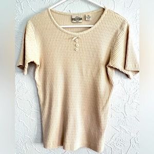 DENIM REPUBLIC WOMENS KHAKI BUTTON BOW COTTON POLYESTER TOP SIZE MEDIUM